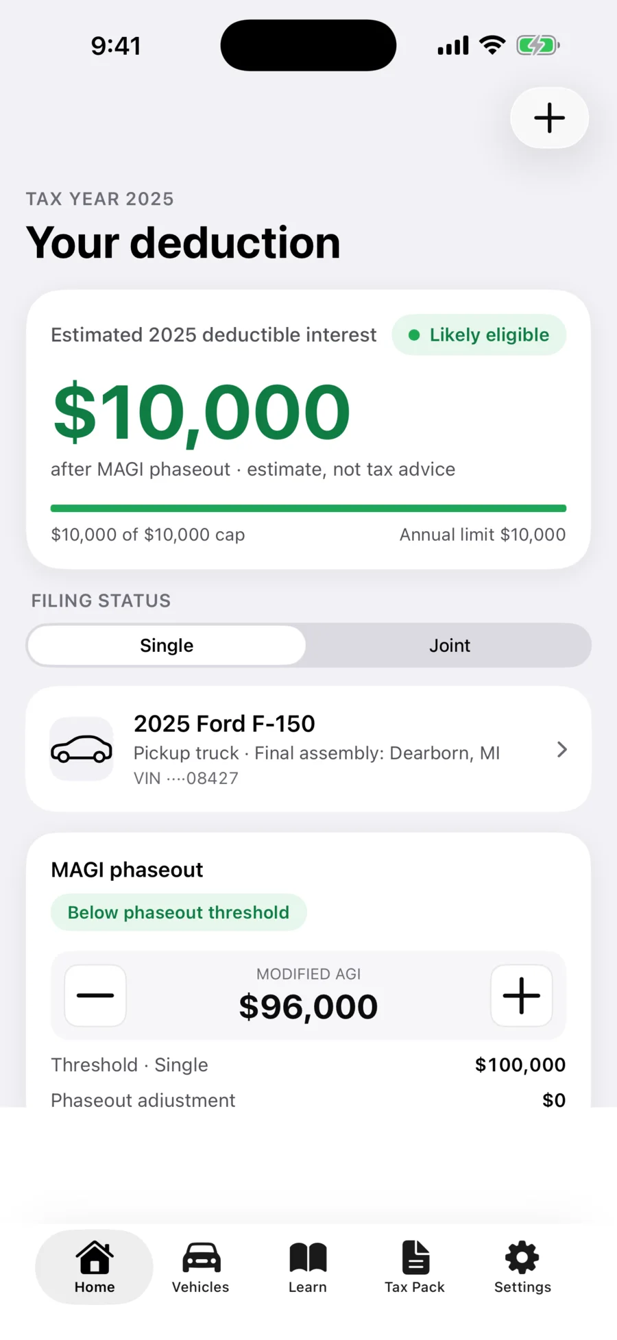 VIN Deduct dashboard showing estimated deductible vehicle-loan interest and MAGI phaseout context
