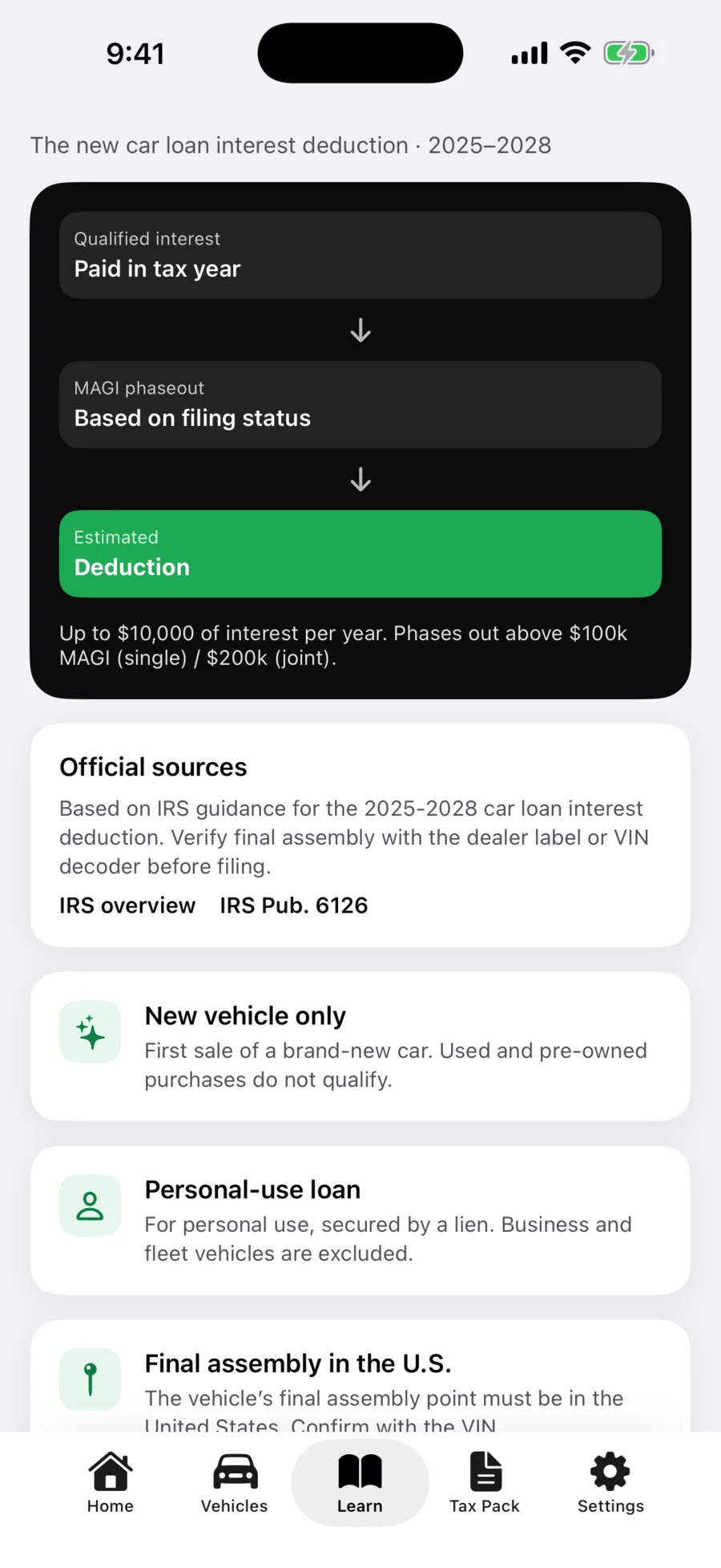 VIN Deduct vehicle eligibility checklist for the car-loan-interest deduction