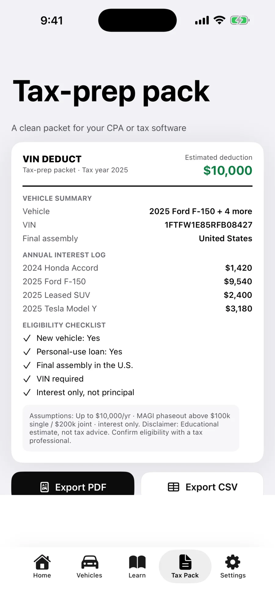 VIN Deduct tax-prep packet export screen